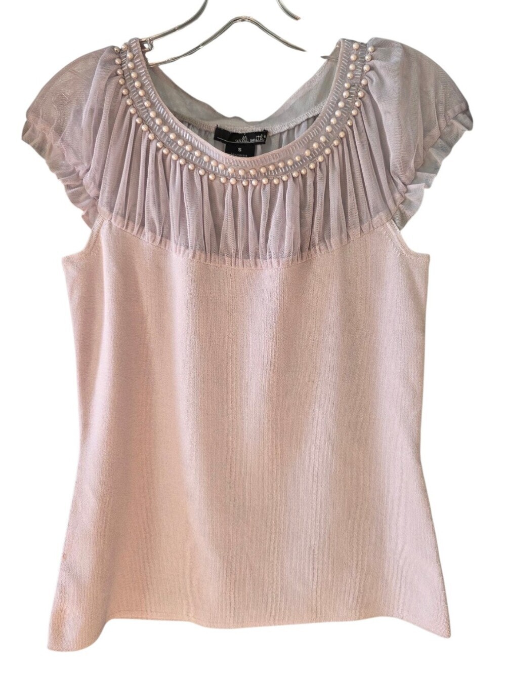 Willi Smith Lavender Gray Pearl-Trim Pleated Yoke Knit Top Size Small